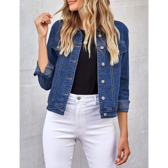 Women's Basic Long Sleeves Button Down Fitted Denim Jean Jacket Blue - Picture 4 of 5